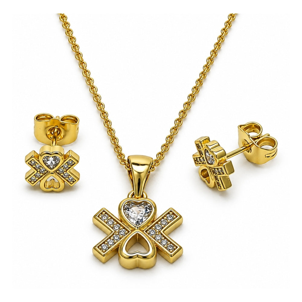 Oro Laminado Earring and Pendant Adult Set, Gold Filled Style Heart Design, with White Cubic Zirconia and White Micro Pave, Polished, Golden Finish