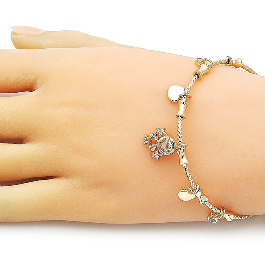 Oro Laminado Individual Bangle, Gold Filled Style Little Girl and Heart Design, with White Cubic Zirconia, Polished, Golden Finish