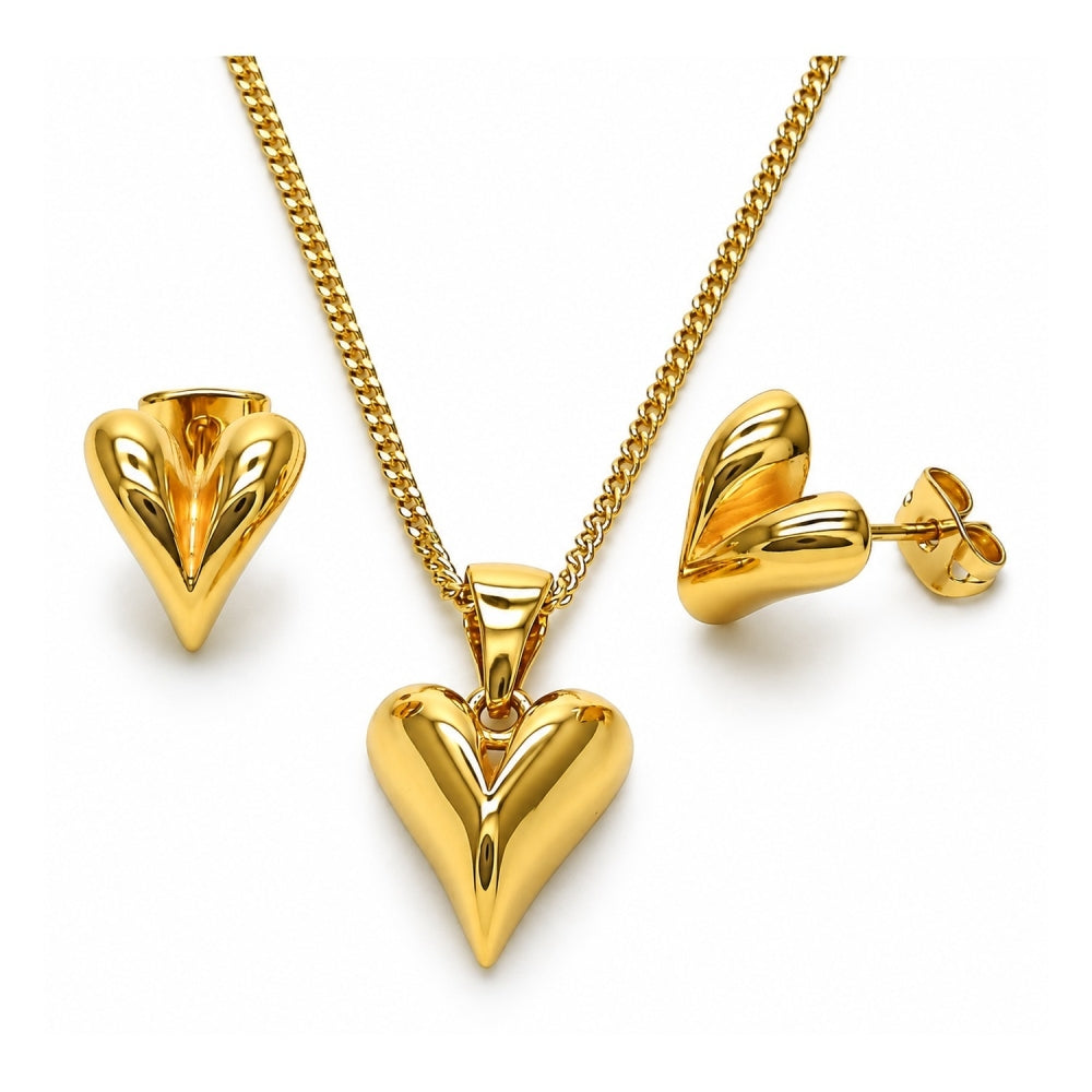Oro Laminado Earring and Pendant Adult Set, Gold Filled Style Heart Design, Polished, Golden Finish