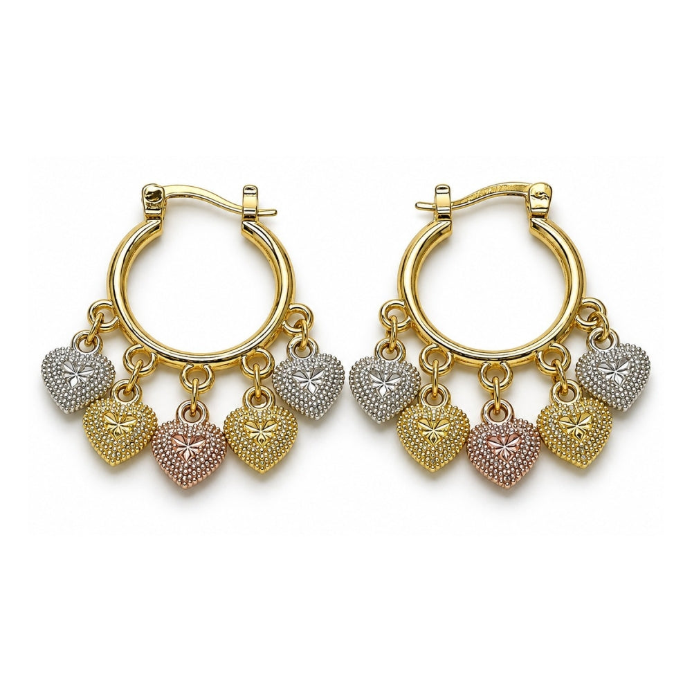 Oro Laminado Small Hoop, Gold Filled Style Heart Design, Diamond Cutting Finish, Tricolor