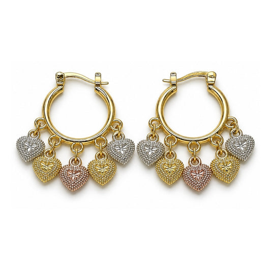 Oro Laminado Small Hoop, Gold Filled Style Heart Design, Diamond Cutting Finish, Tricolor