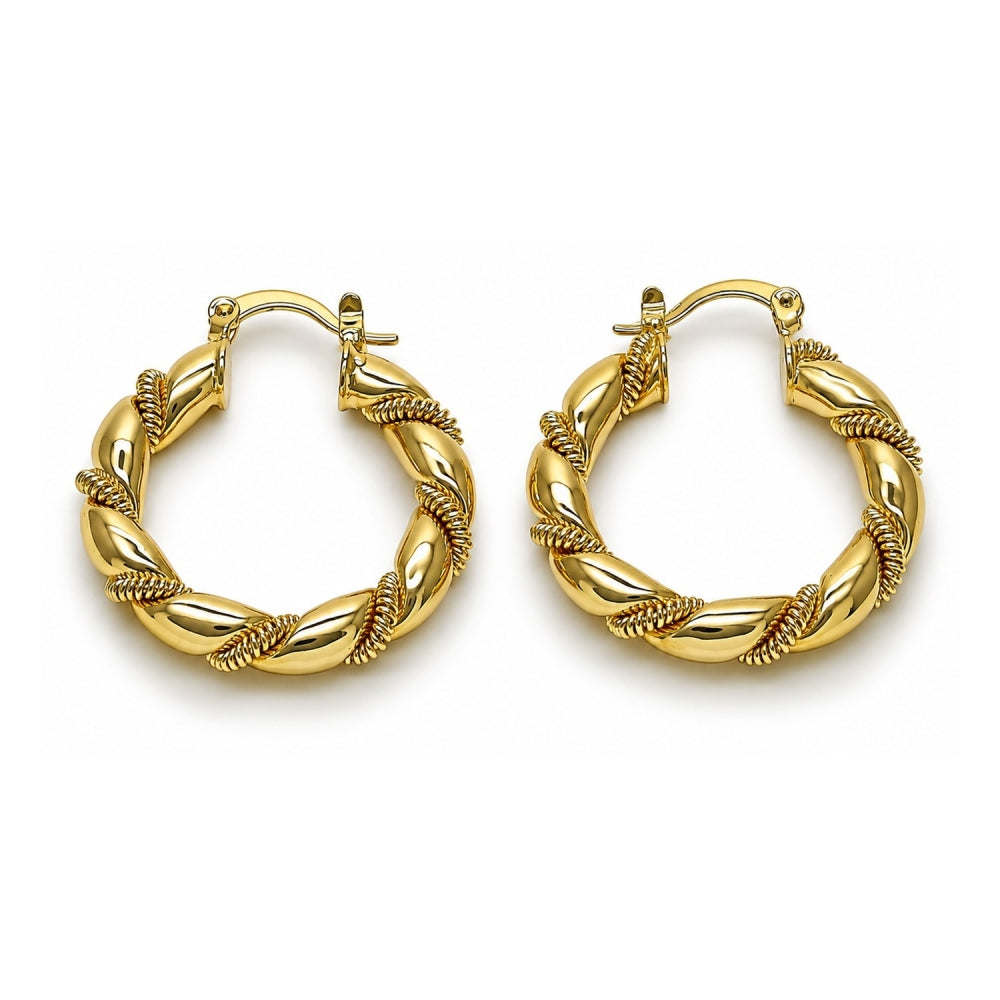 Oro Laminado Medium Hoop, Gold Filled Style Hollow and Twist Design, Polished, Golden Finish