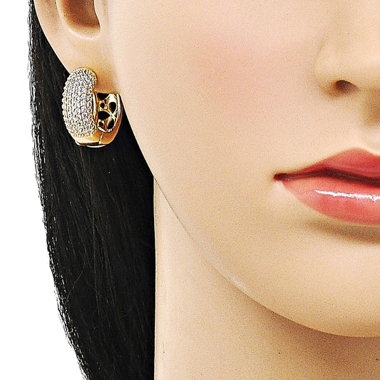 Oro Laminado Huggie Hoop, Gold Filled Style Four-leaf Clover Design, with White Micro Pave, Polished, Golden Finish
