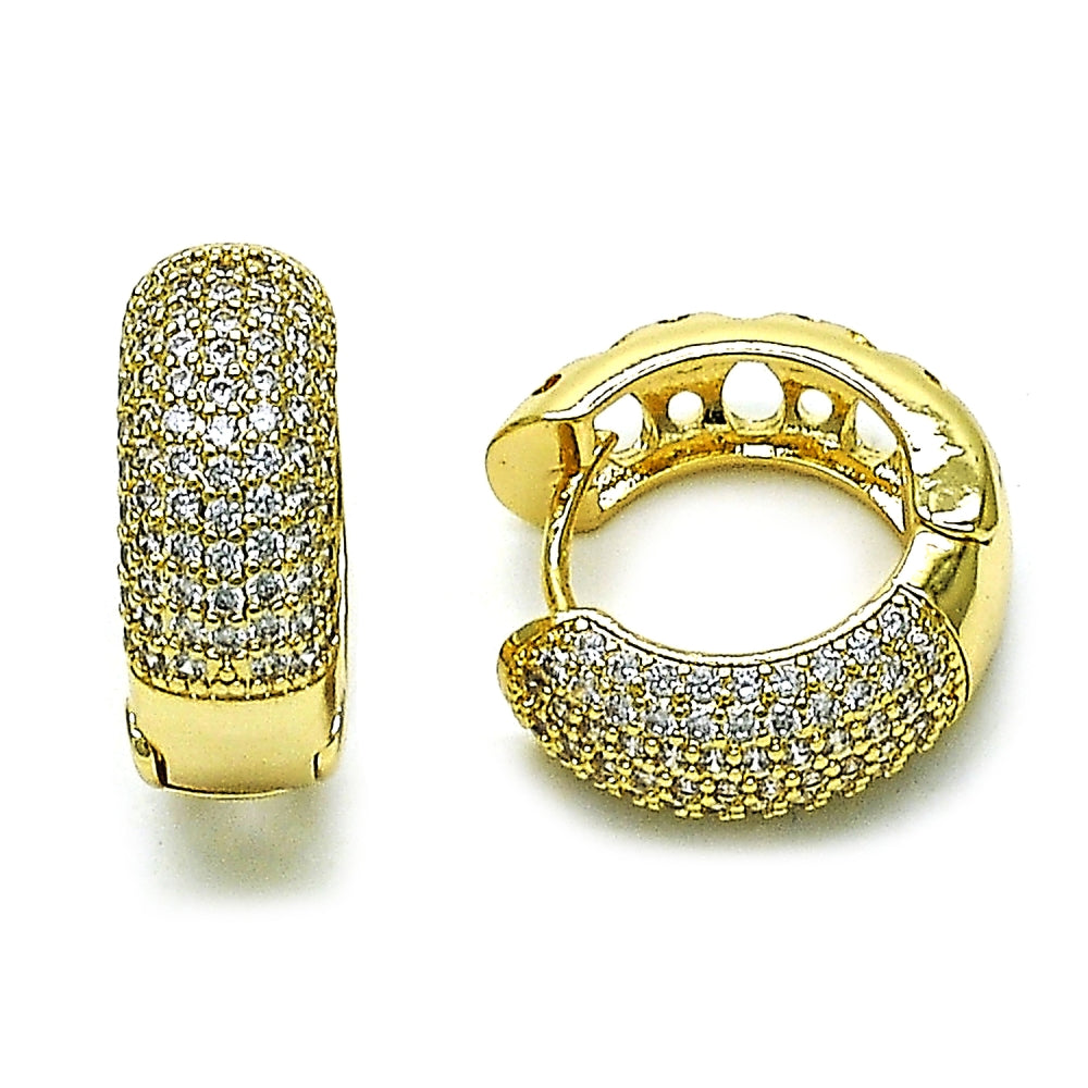 Oro Laminado Huggie Hoop, Gold Filled Style Four-leaf Clover Design, with White Micro Pave, Polished, Golden Finish