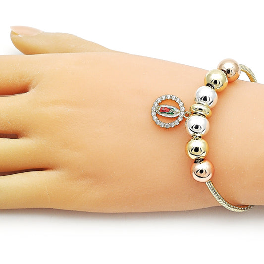 Oro Laminado Fancy Bracelet, Gold Filled Style Guadalupe and Rat Tail Design, with White Cubic Zirconia, Polished, Tricolor
