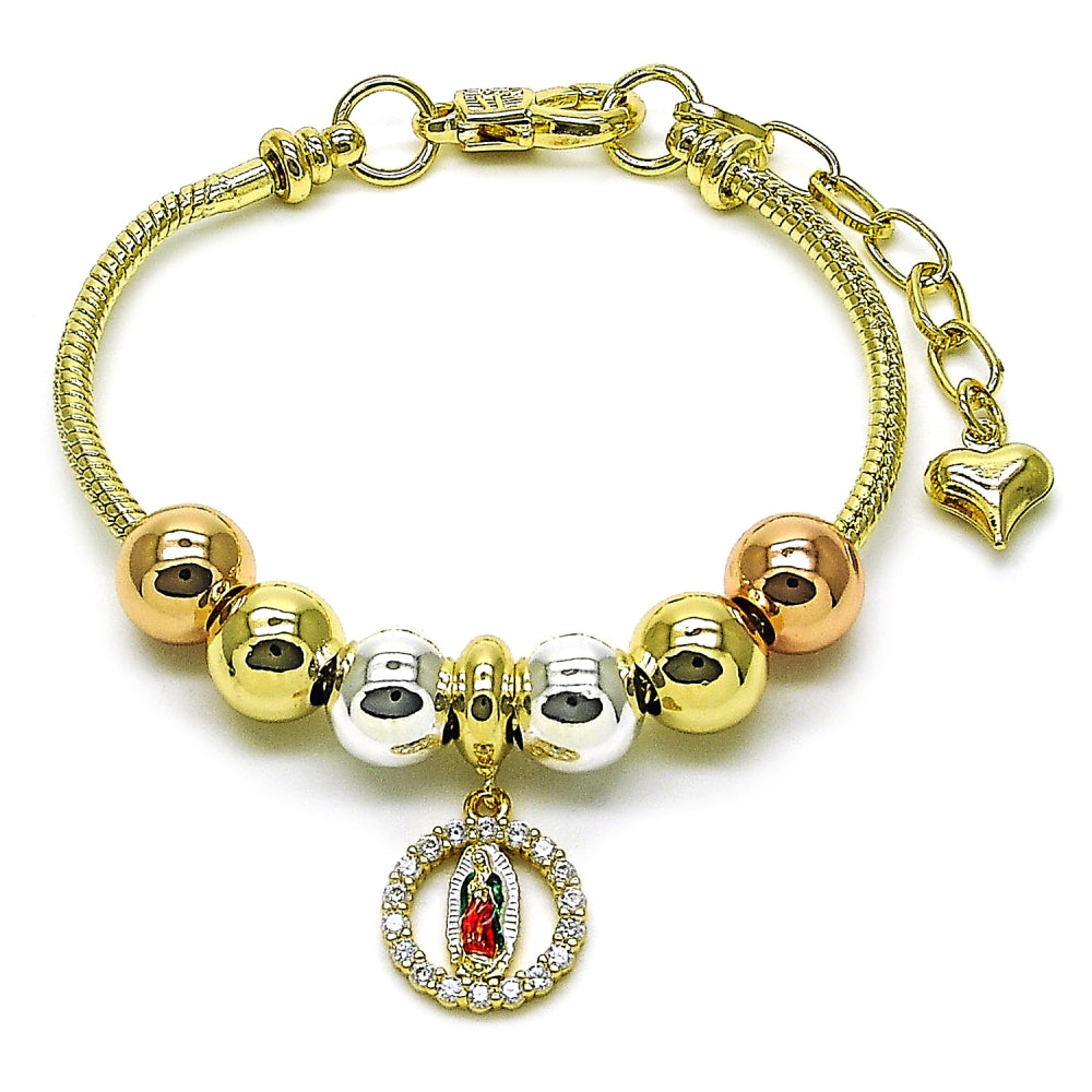 Oro Laminado Fancy Bracelet, Gold Filled Style Guadalupe and Rat Tail Design, with White Cubic Zirconia, Polished, Tricolor