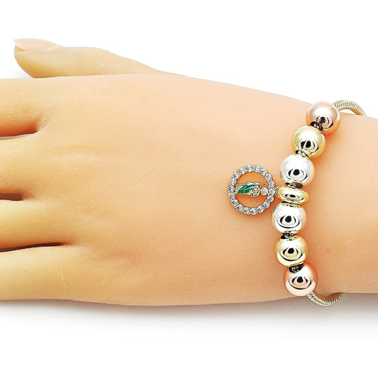 Oro Laminado Fancy Bracelet, Gold Filled Style San Judas and Rat Tail Design, with White Cubic Zirconia, Polished, Tricolor