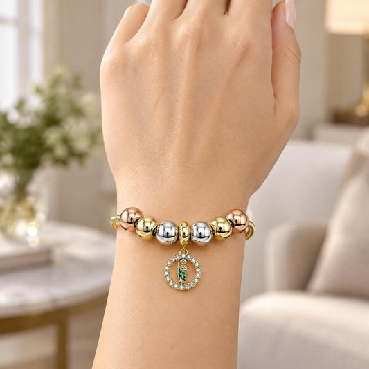 Oro Laminado Fancy Bracelet, Gold Filled Style San Judas and Rat Tail Design, with White Cubic Zirconia, Polished, Tricolor