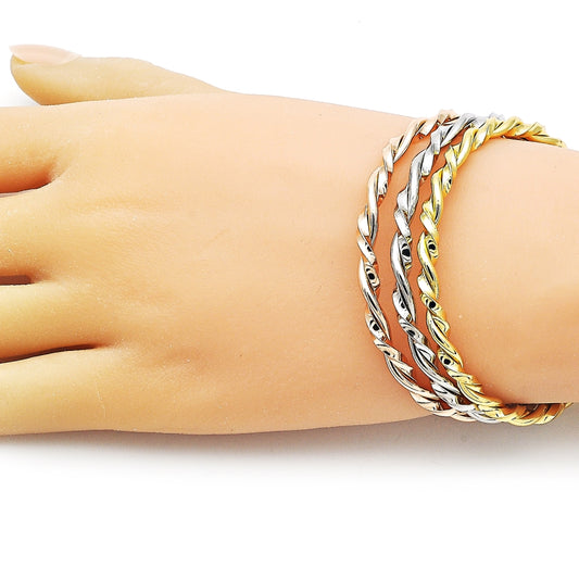 Oro Laminado Trio Bangle, Gold Filled Style Twist Design, Polished, Tricolor