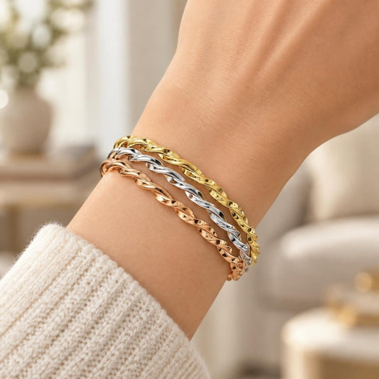 Oro Laminado Trio Bangle, Gold Filled Style Twist Design, Polished, Tricolor