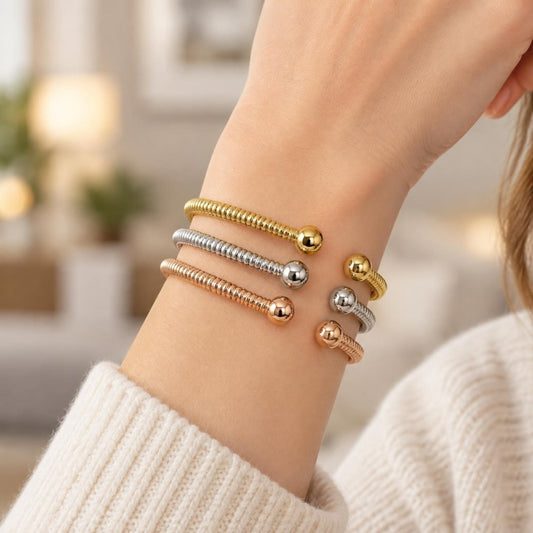 Oro Laminado Trio Bangle, Gold Filled Style Ball and Twist Design, Polished, Tricolor