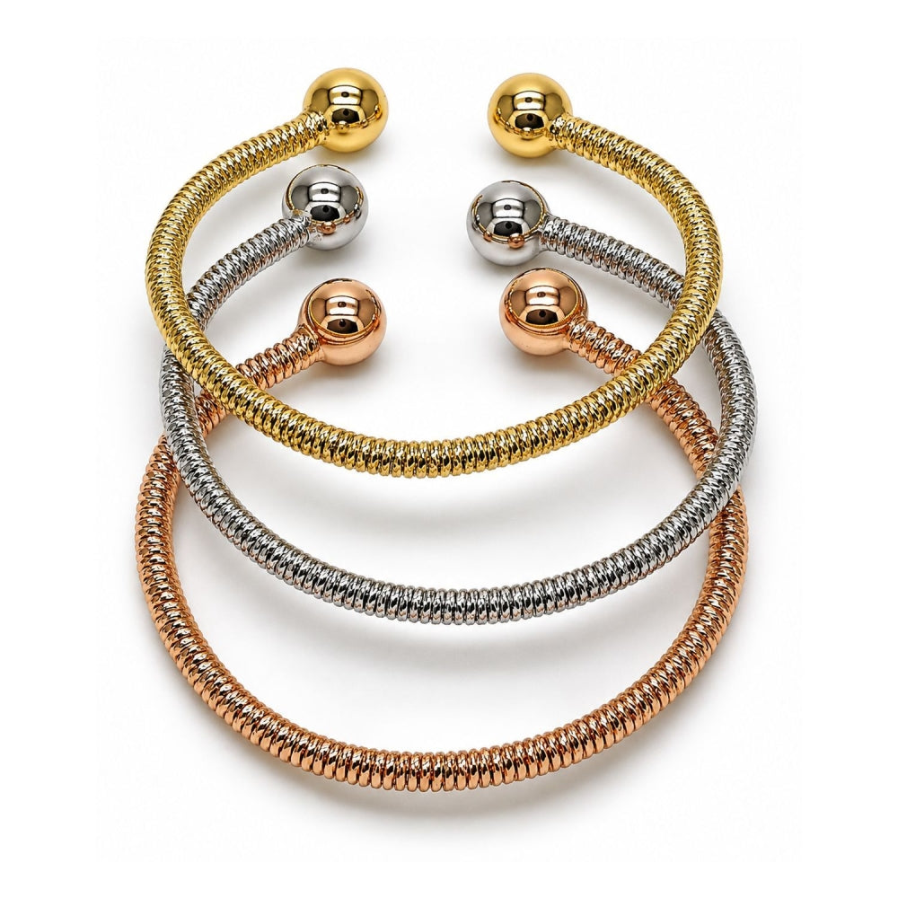 Oro Laminado Trio Bangle, Gold Filled Style Ball and Twist Design, Polished, Tricolor