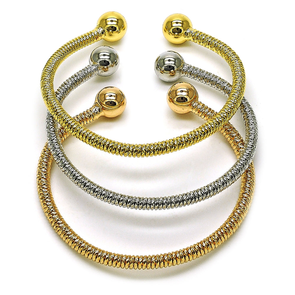 Oro Laminado Trio Bangle, Gold Filled Style Ball and Twist Design, Polished, Tricolor