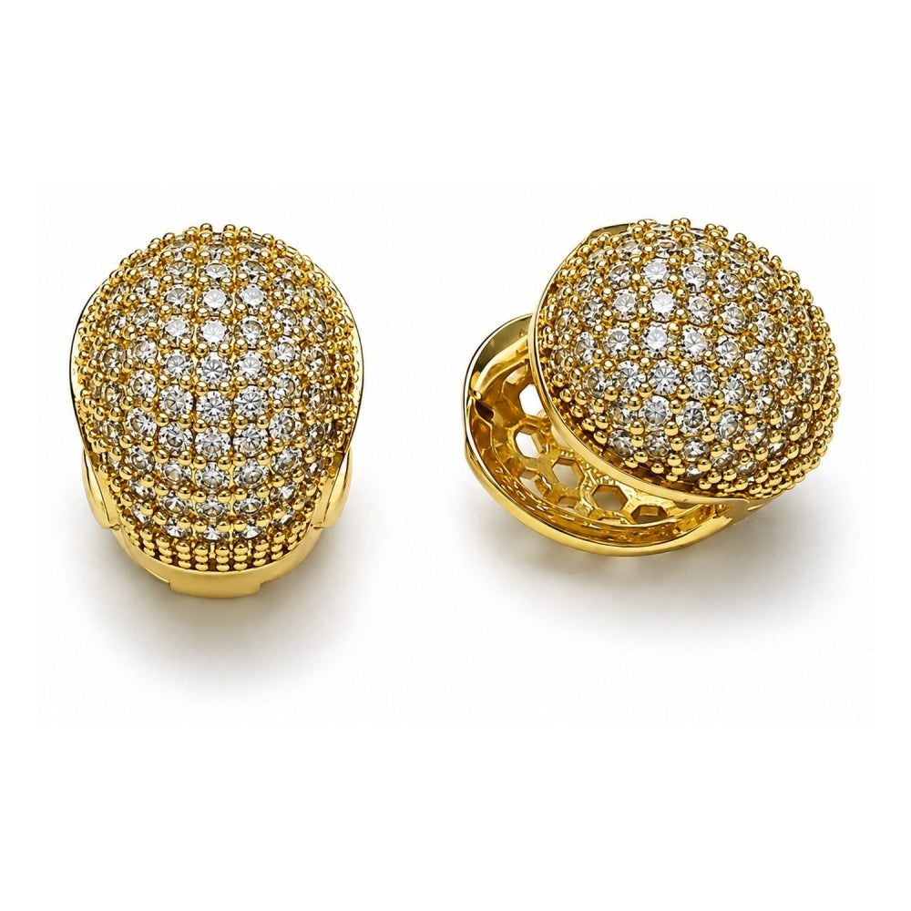 Oro Laminado Huggie Hoop, Gold Filled Style Ball Design, with White Cubic Zirconia, Polished, Golden Finish