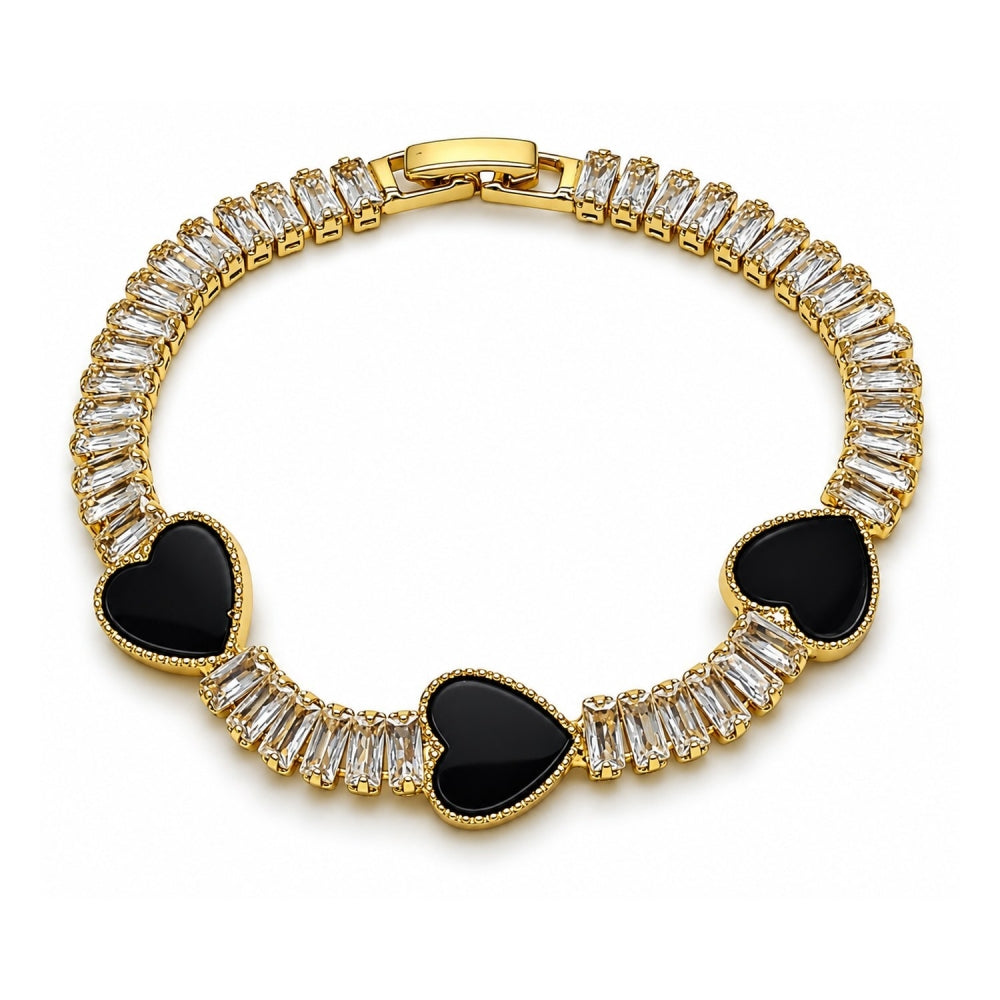 Oro Laminado Fancy Bracelet, Gold Filled Style Heart and Baguette Design, with Black Mother of Pearl and White Cubic Zirconia, Polished, Golden Finish