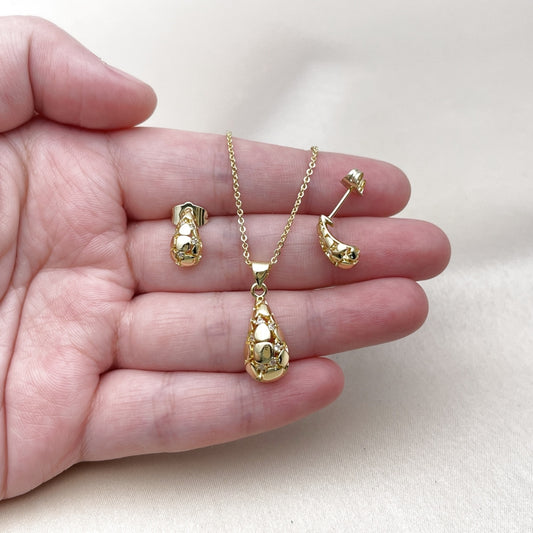 Oro Laminado Earring and Pendant Adult Set, Gold Filled Style Teardrop Design, with White Cubic Zirconia, Polished, Golden Finish