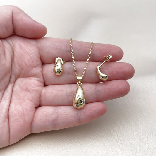 Oro Laminado Earring and Pendant Adult Set, Gold Filled Style Teardrop Design, with White Cubic Zirconia, Polished, Golden Finish