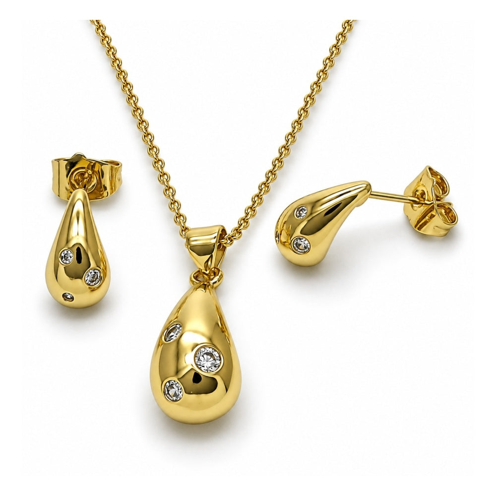 Oro Laminado Earring and Pendant Adult Set, Gold Filled Style Teardrop Design, with White Cubic Zirconia, Polished, Golden Finish