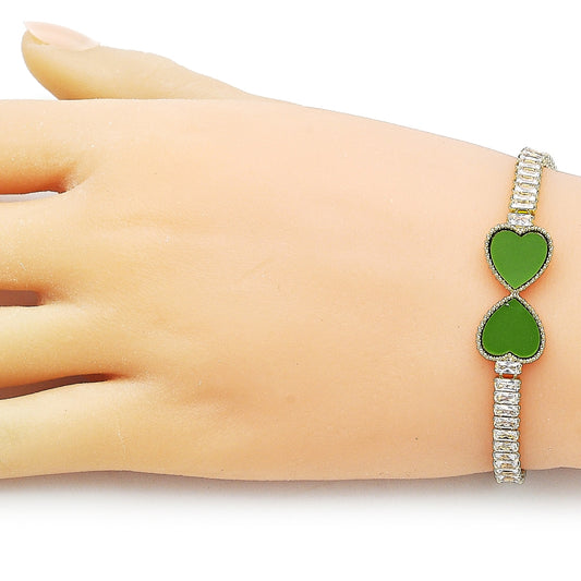 Oro Laminado Fancy Bracelet, Gold Filled Style Heart and Baguette Design, with Light Green Mother of Pearl and White Cubic Zirconia, Polished, Golden Finish