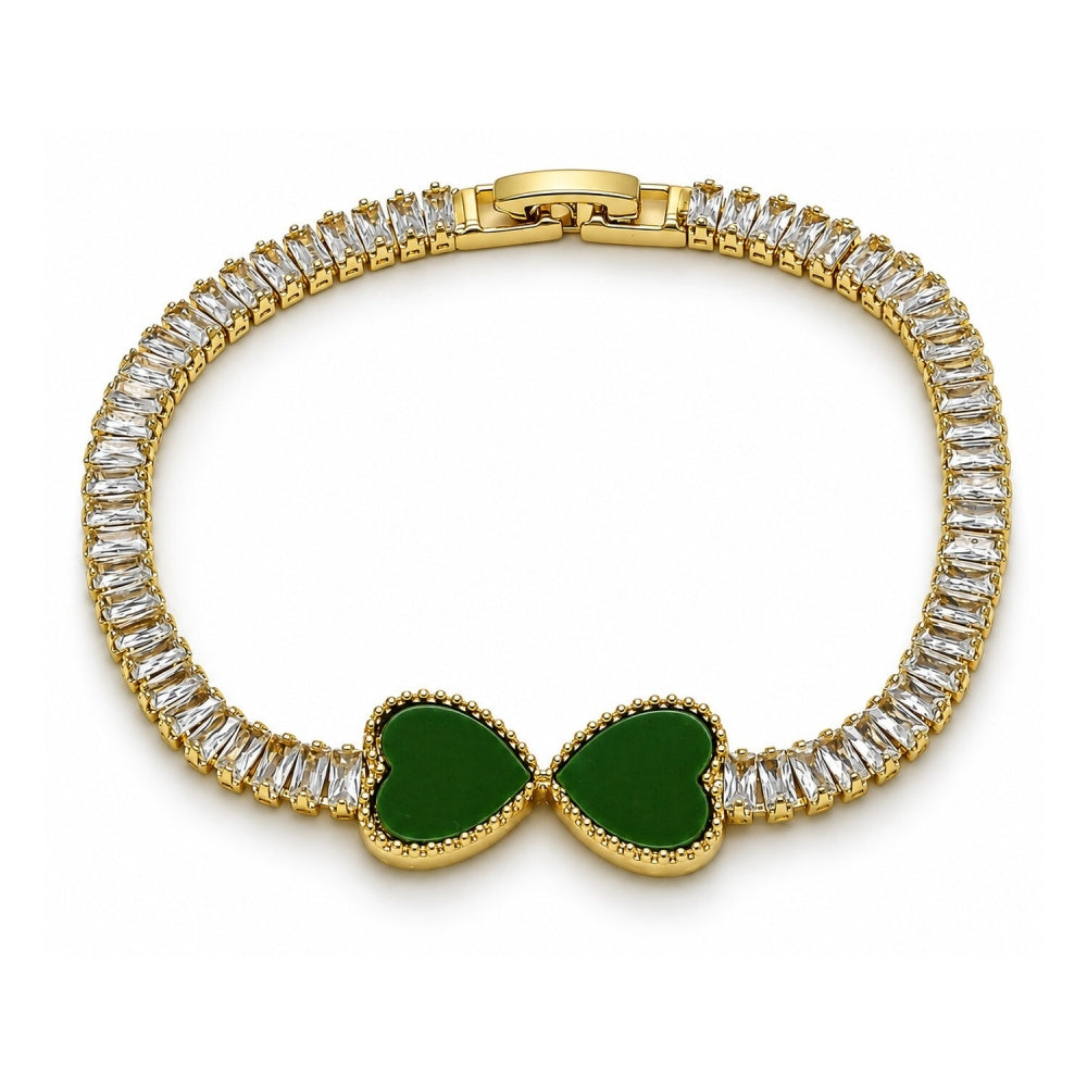 Oro Laminado Fancy Bracelet, Gold Filled Style Heart and Baguette Design, with Light Green Mother of Pearl and White Cubic Zirconia, Polished, Golden Finish