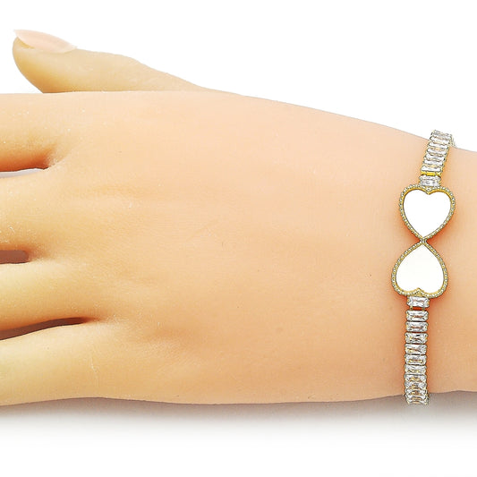 Oro Laminado Fancy Bracelet, Gold Filled Style Heart and Baguette Design, with Ivory Mother of Pearl and White Cubic Zirconia, Polished, Golden Finish
