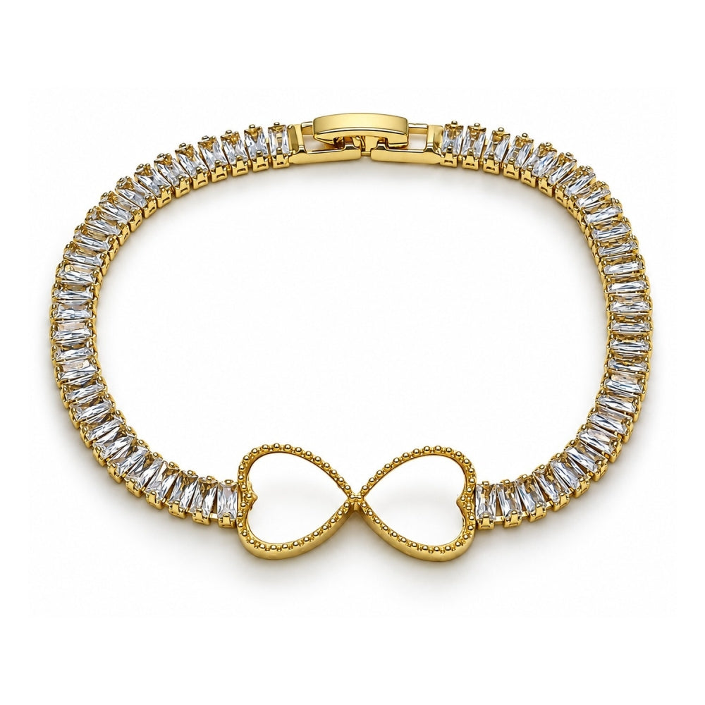 Oro Laminado Fancy Bracelet, Gold Filled Style Heart and Baguette Design, with Ivory Mother of Pearl and White Cubic Zirconia, Polished, Golden Finish