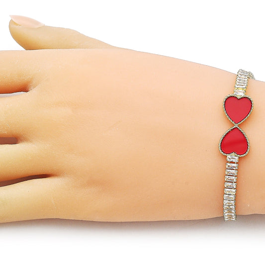 Oro Laminado Fancy Bracelet, Gold Filled Style Heart and Baguette Design, with Garnet Mother of Pearl and White Cubic Zirconia, Polished, Golden Finish