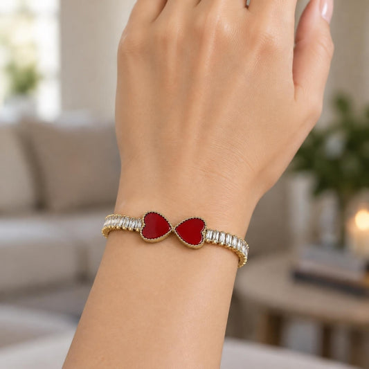Oro Laminado Fancy Bracelet, Gold Filled Style Heart and Baguette Design, with Garnet Mother of Pearl and White Cubic Zirconia, Polished, Golden Finish