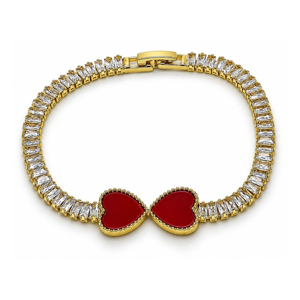 Oro Laminado Fancy Bracelet, Gold Filled Style Heart and Baguette Design, with Garnet Mother of Pearl and White Cubic Zirconia, Polished, Golden Finish
