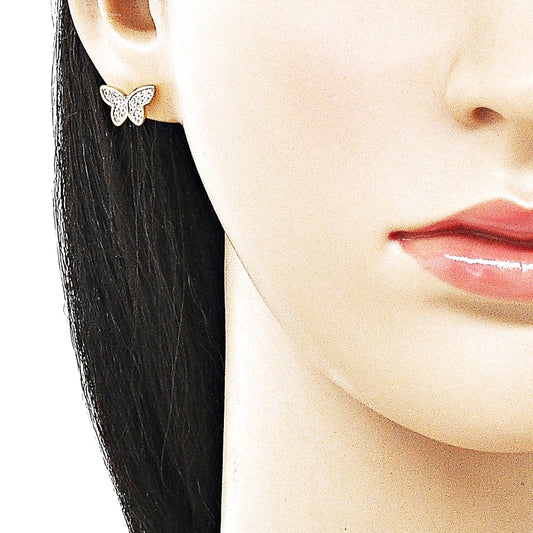 Oro Laminado Stud Earring, Gold Filled Style Butterfly Design, with White Micro Pave, Polished, Golden Finish