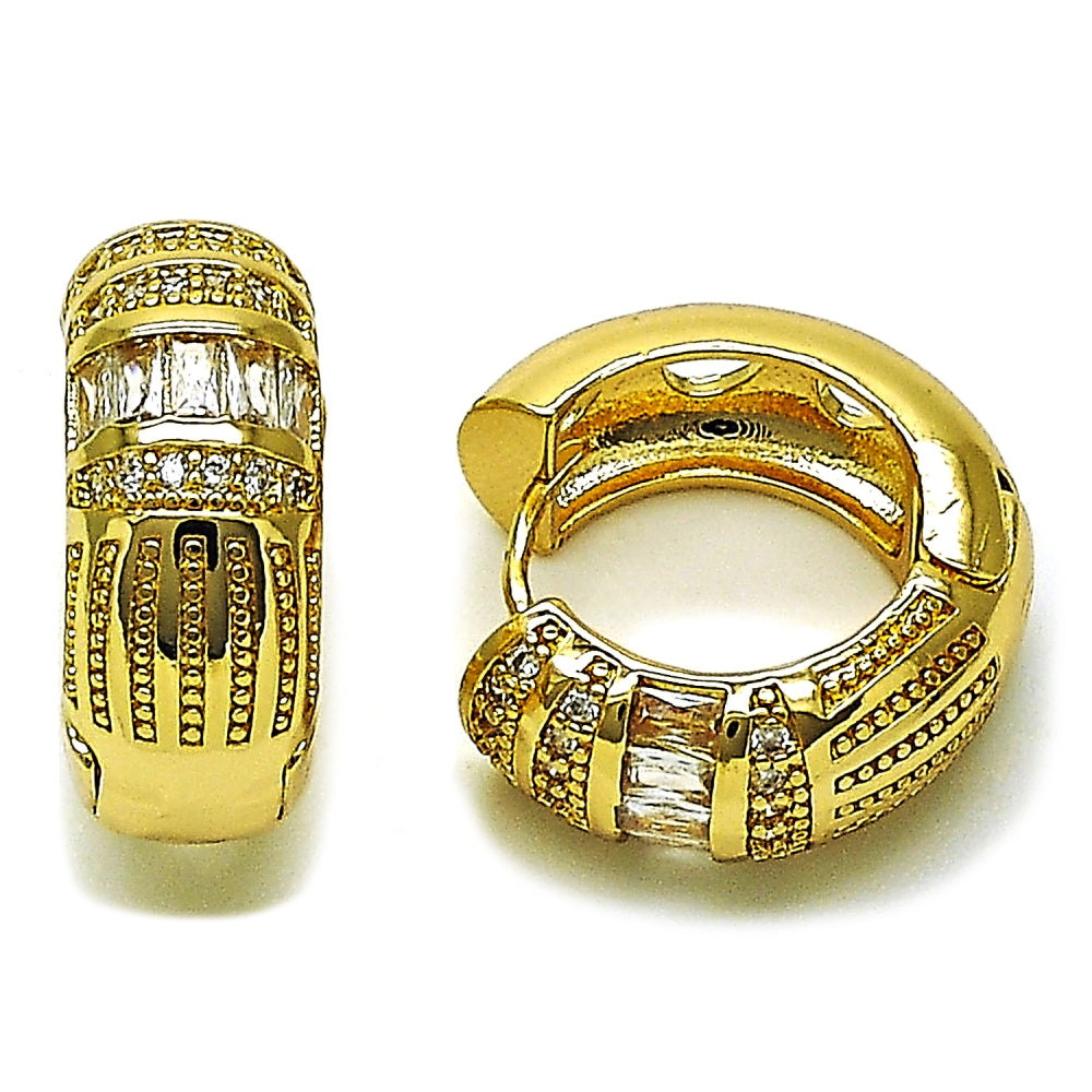 Oro Laminado Huggie Hoop, Gold Filled Style Baguette Design, with White Cubic Zirconia, Polished, Golden Finish