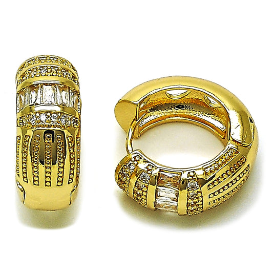 Oro Laminado Huggie Hoop, Gold Filled Style Baguette Design, with White Cubic Zirconia, Polished, Golden Finish