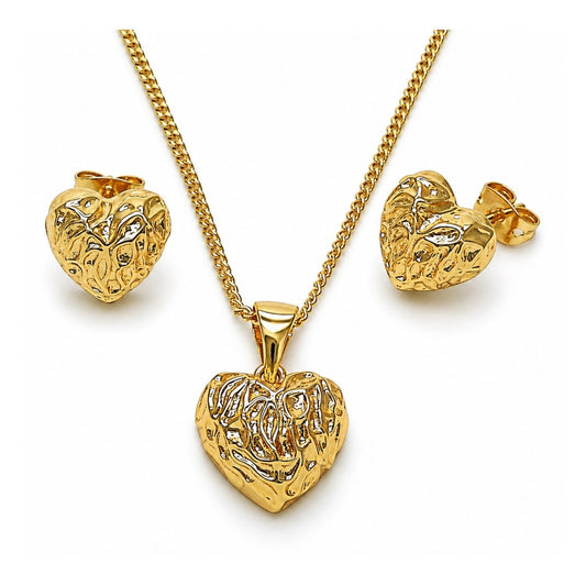 Oro Laminado Earring and Pendant Adult Set, Gold Filled Style Heart Design, Diamond Cutting Finish, Golden Finish