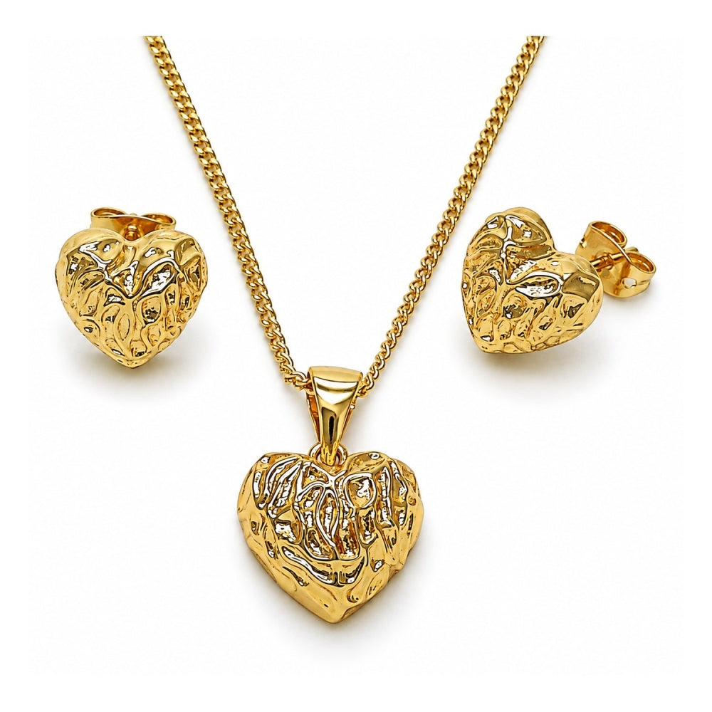 Oro Laminado Earring and Pendant Adult Set, Gold Filled Style Heart Design, Diamond Cutting Finish, Golden Finish