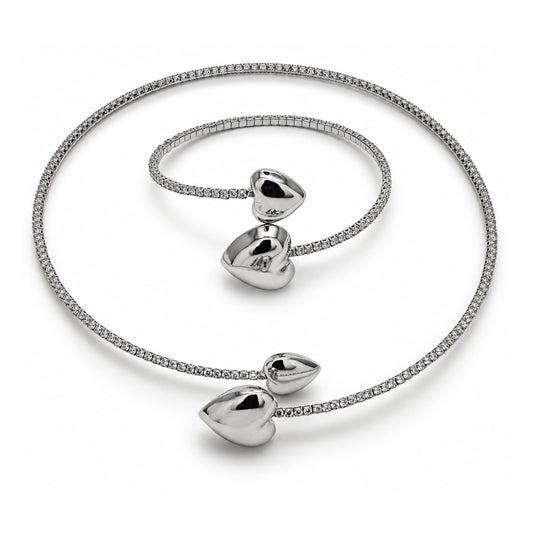 White Gold Filled Necklace and Bracelet, Heart Design, with White Cubic Zirconia, Polished, Rhodium Finish