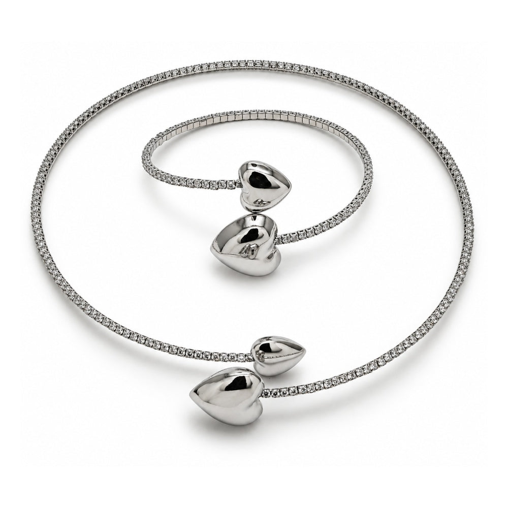 White Gold Filled Necklace and Bracelet, Heart Design, with White Cubic Zirconia, Polished, Rhodium Finish