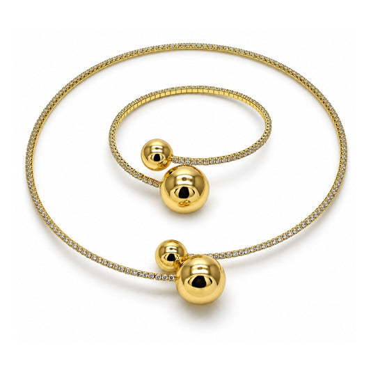 Oro Laminado Necklace and Bracelet, Gold Filled Style Ball Design, with White Cubic Zirconia, Polished, Golden Finish
