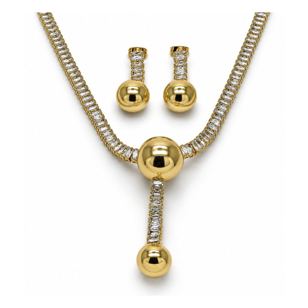 Oro Laminado Necklace and Earring, Gold Filled Style Ball and Baguette Design, with White Cubic Zirconia, Polished, Golden Finish