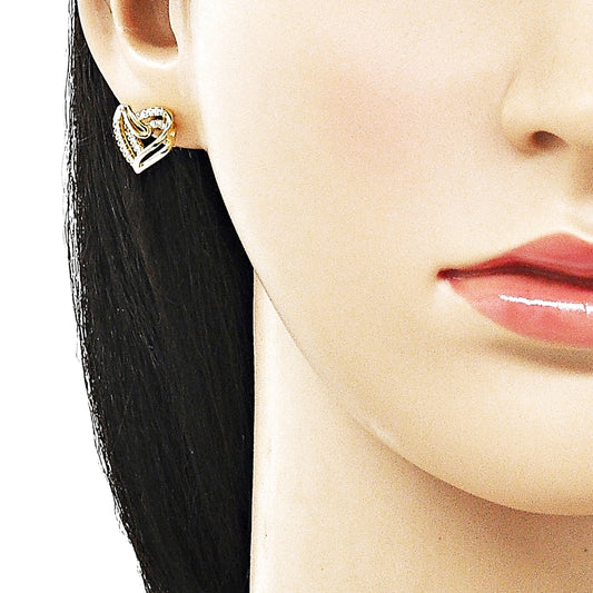 Oro Laminado Stud Earring, Gold Filled Style Heart Design, with White Micro Pave, Polished, Golden Finish