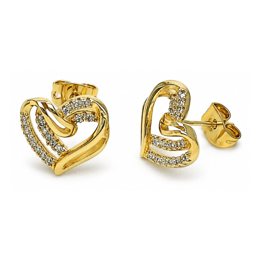 Oro Laminado Stud Earring, Gold Filled Style Heart Design, with White Micro Pave, Polished, Golden Finish