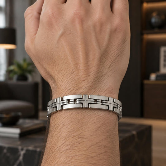 Stainless Steel Solid Bracelet, Cross Design, Polished, Steel Finish