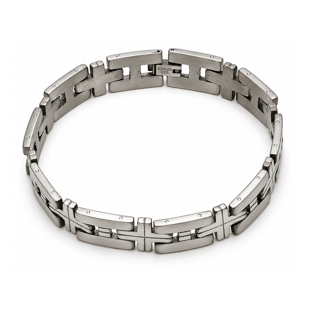 Stainless Steel Solid Bracelet, Cross Design, Polished, Steel Finish