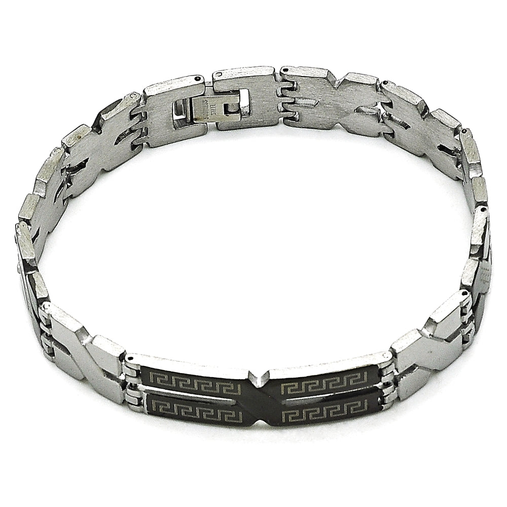 Stainless Steel Solid Bracelet, Greek Key Design, Polished, Two Tone