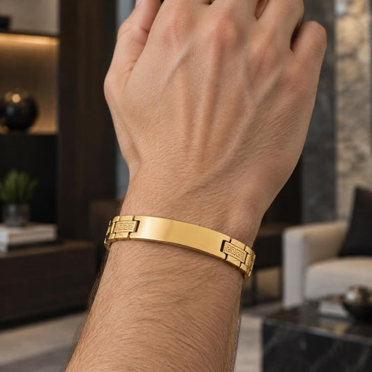 Stainless Steel Solid Bracelet, Greek Key Design, Polished, Golden Finish