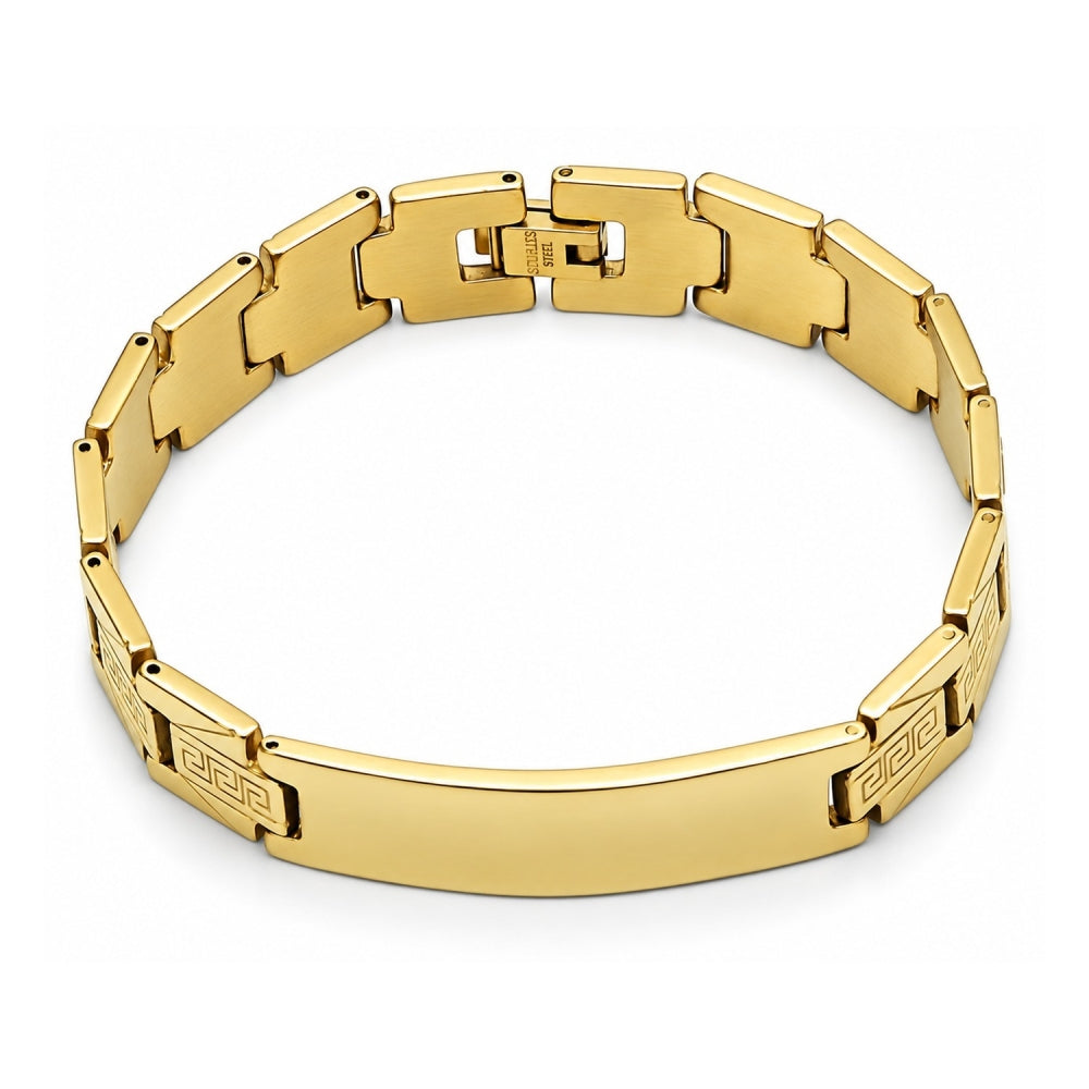 Stainless Steel Solid Bracelet, Greek Key Design, Polished, Golden Finish