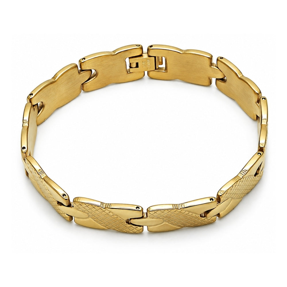 Oro Laminado Solid Bracelet, Gold Filled Style Hugs and Kisses Design, Polished, Golden Finish