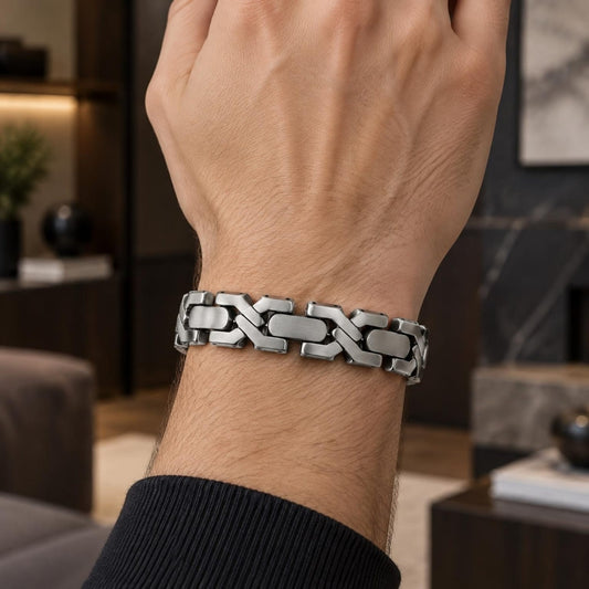 Stainless Steel Solid Bracelet, Hugs and Kisses Design, Polished, Steel Finish