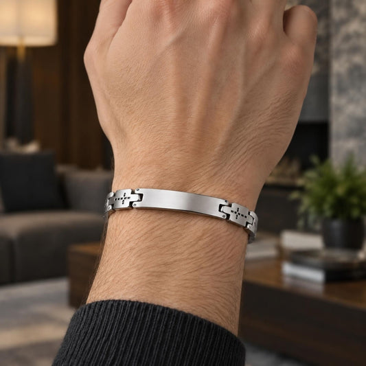 Stainless Steel Solid Bracelet, Cross Design, Polished, Steel Finish