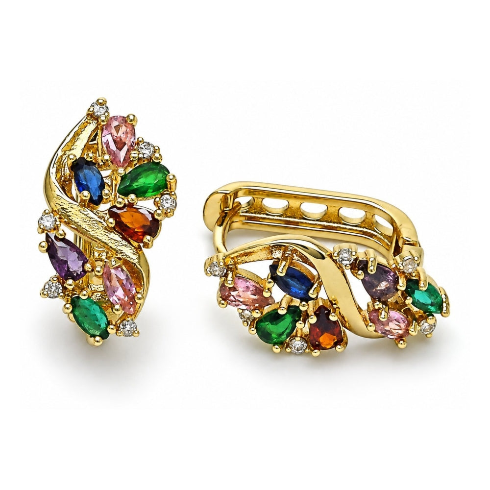 Oro Laminado Huggie Hoop, Gold Filled Style Cluster Design, with Multicolor Cubic Zirconia, Polished, Golden Finish