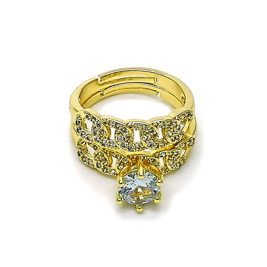 Oro Laminado Wedding Ring, Gold Filled Style Cluster and Miami Cuban Design, with White Cubic Zirconia and White Micro Pave, Polished, Golden Finish